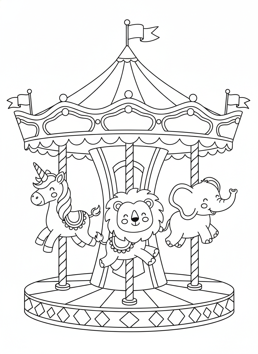 Whimsical Carousel Fun Coloring Page for Kids