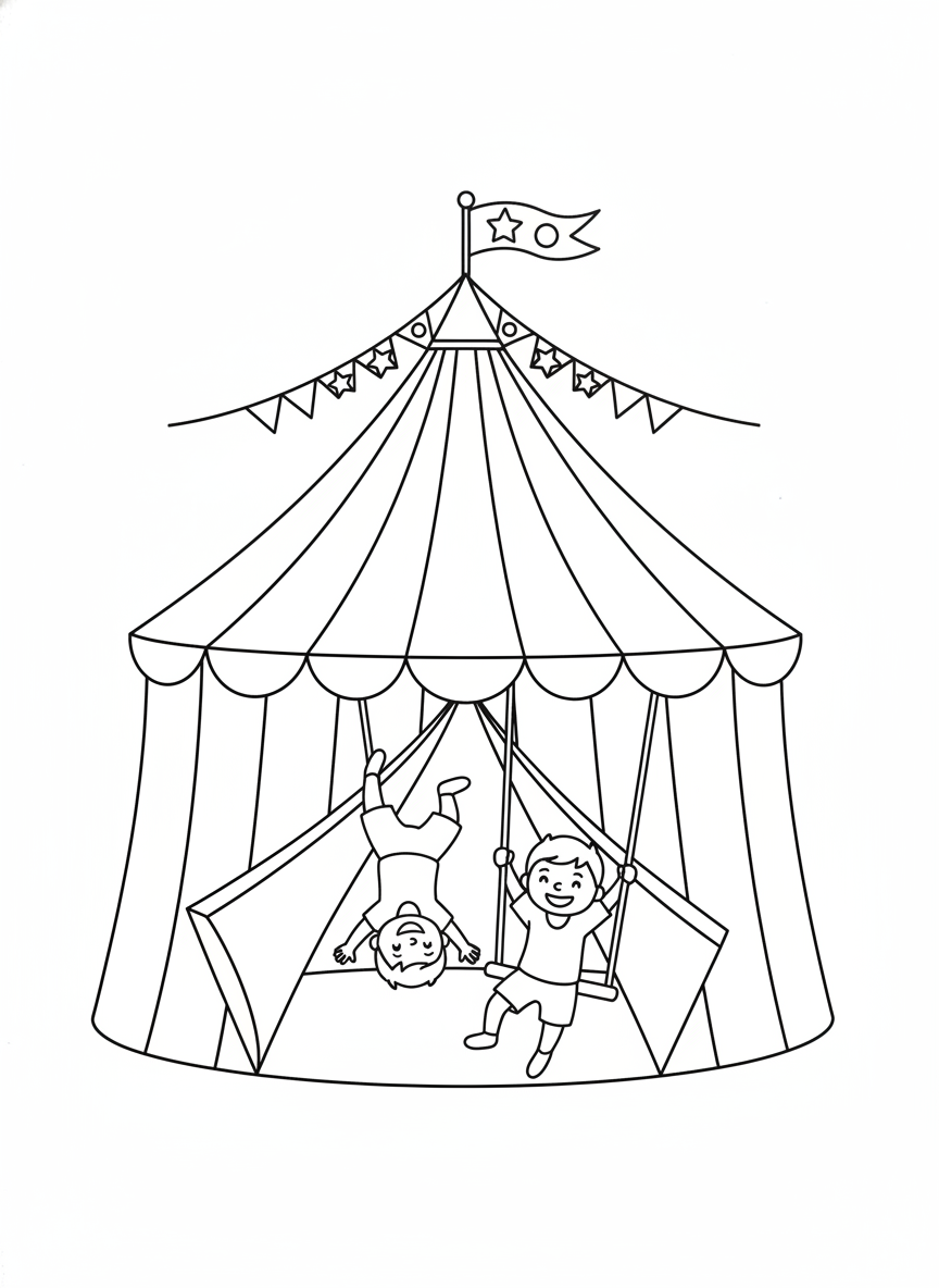 Whimsical Circus Tent & Acrobats Coloring Page