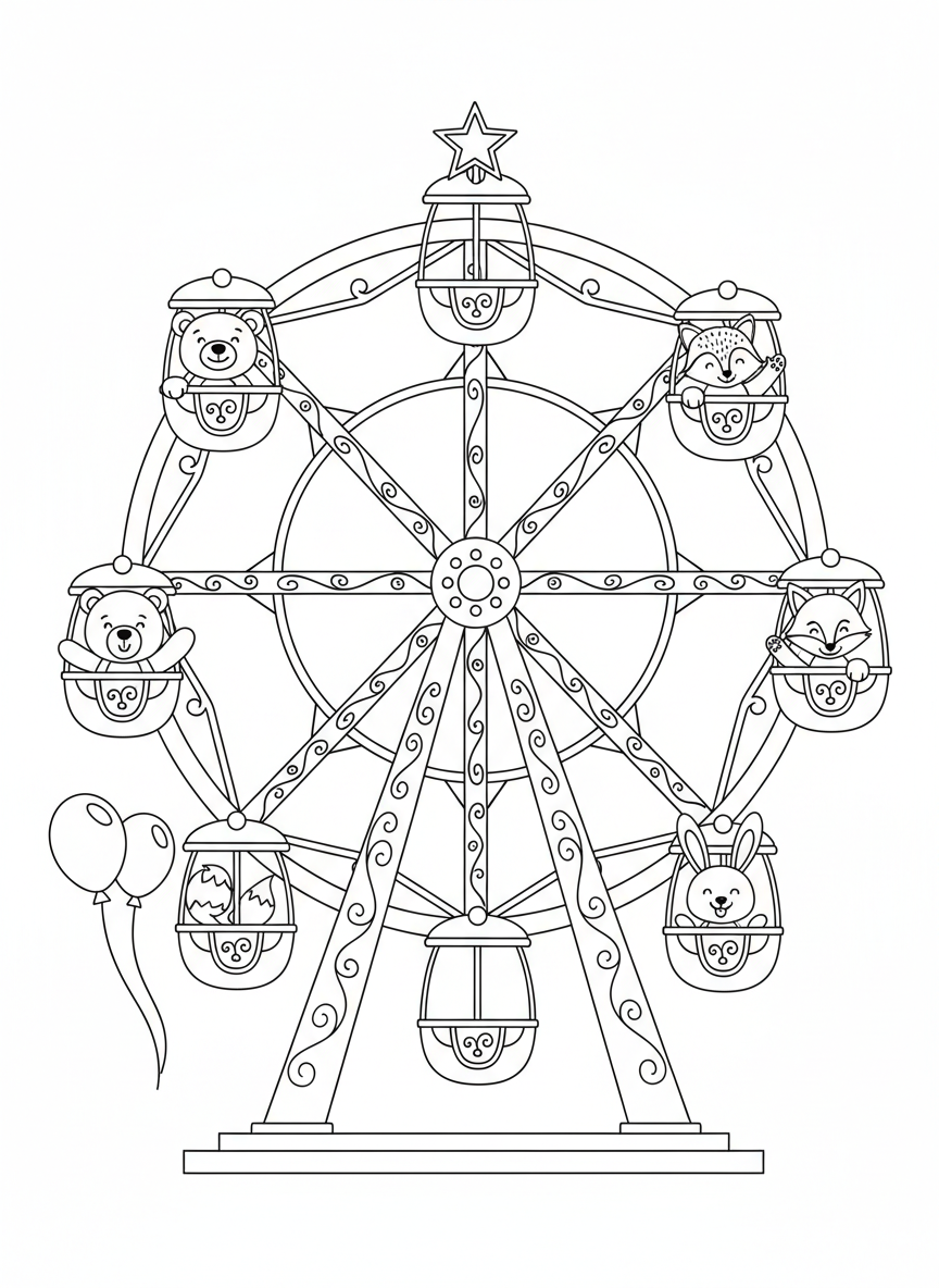 Whimsical Ferris Wheel with Animal Friends Coloring Page