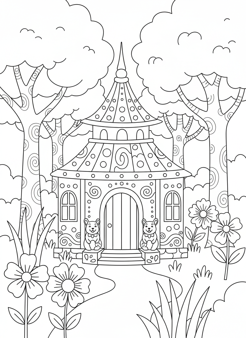 Whimsical Forest Temple Coloring Adventure for Kids