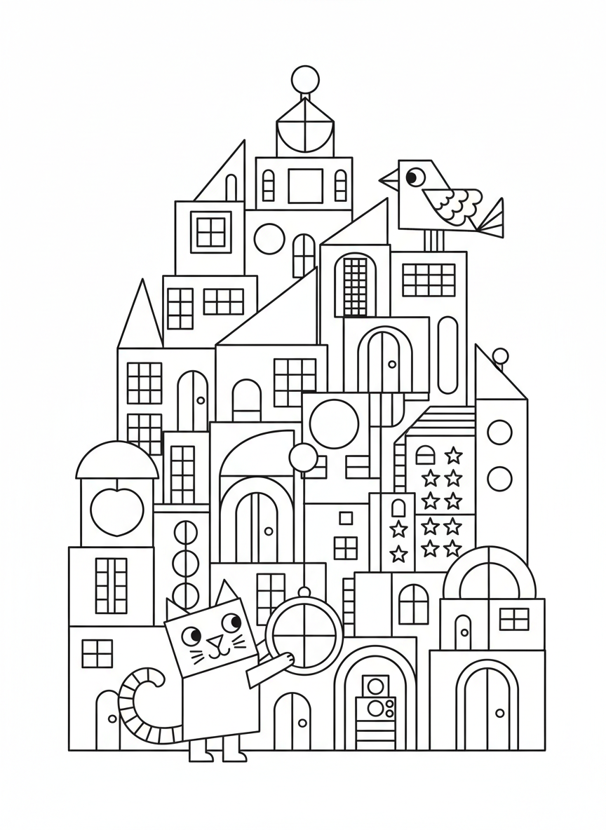 Whimsical Geometric Cityscape with Playful Animals