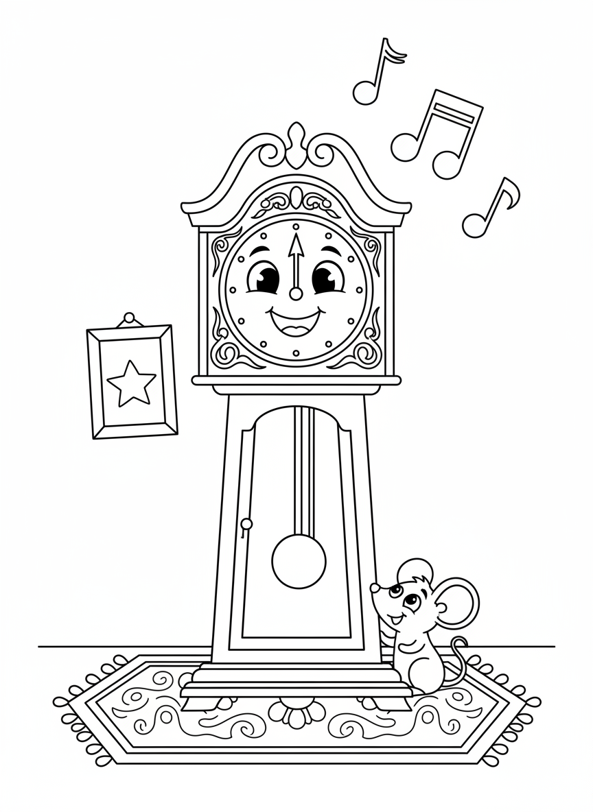 Whimsical Grandfather Clock & Mouse Coloring Page