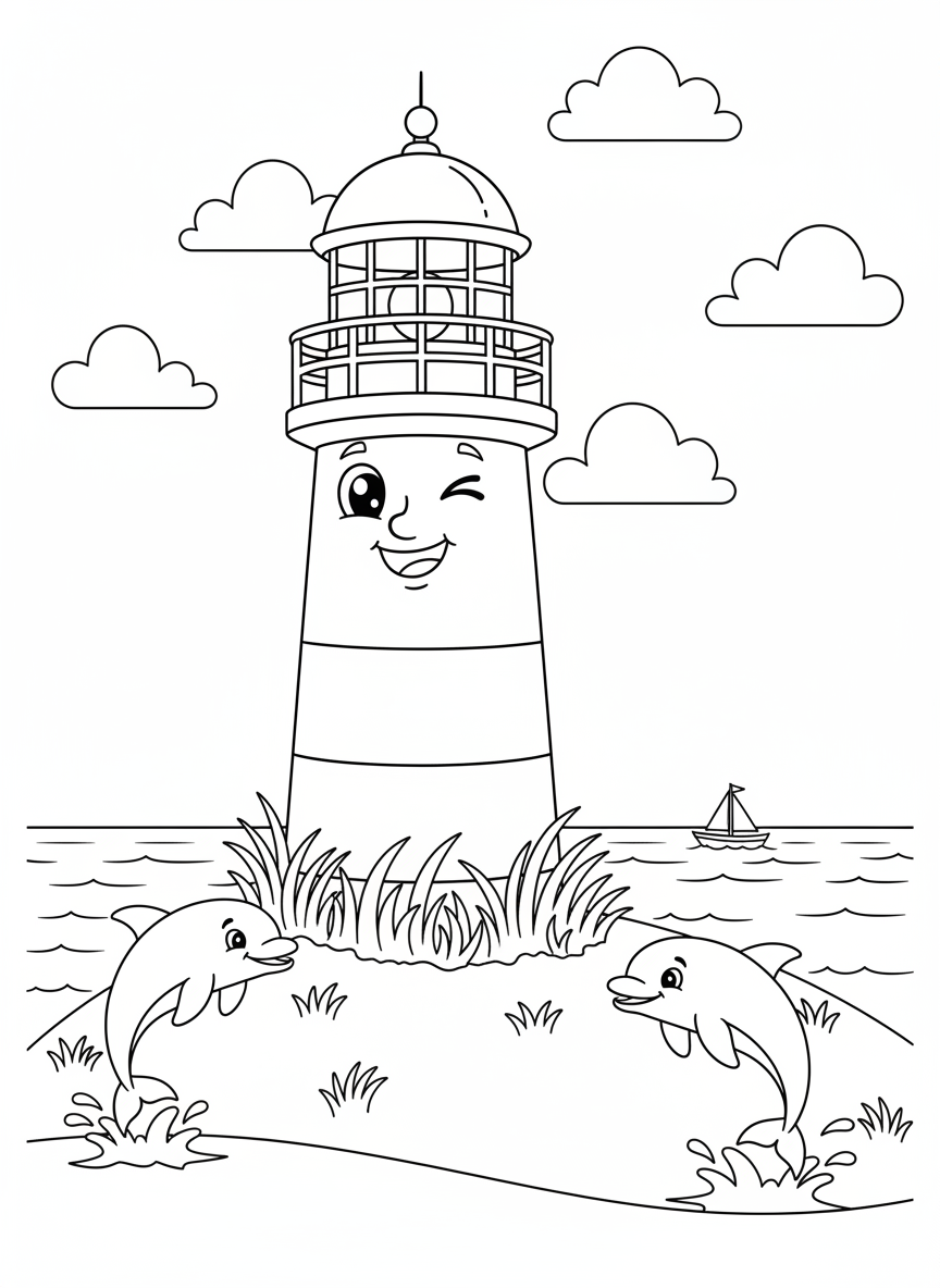 Whimsical Lighthouse & Dolphins Coloring Page