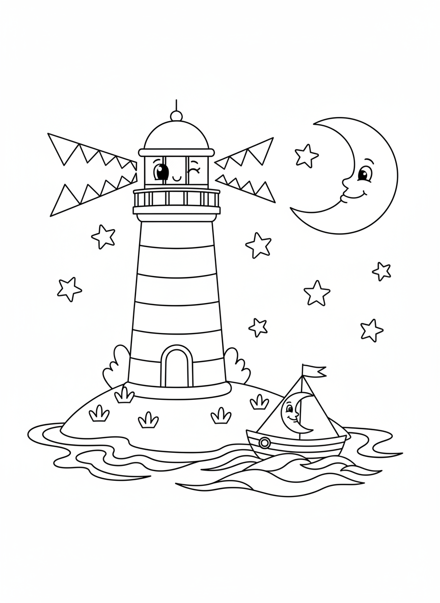 Whimsical Lighthouse & Sailing Moon Coloring Page