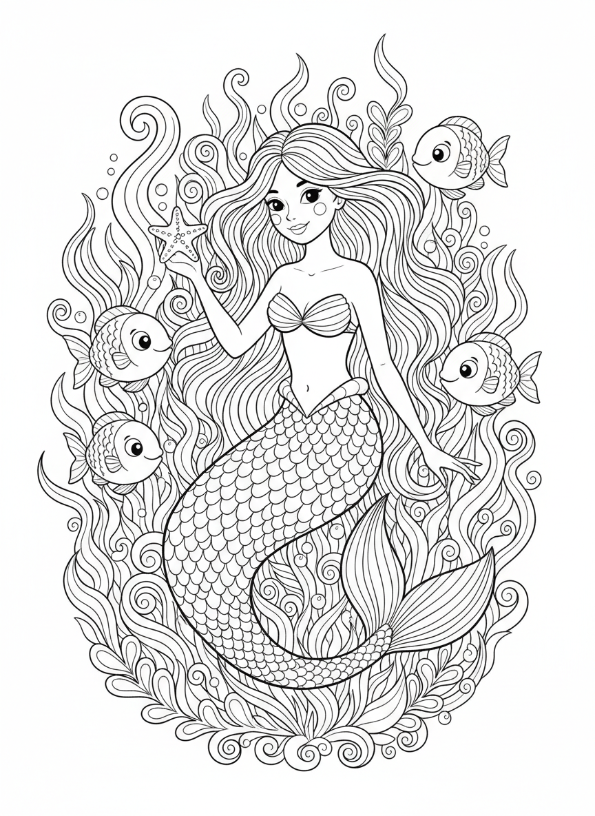 Whimsical Mermaid in Kelp Forest Coloring Page