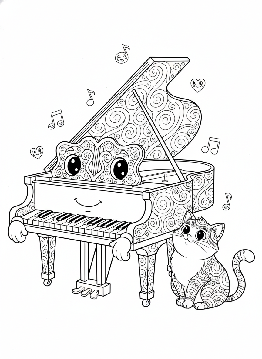 Whimsical Piano & Cat Musical Adventure Coloring Page