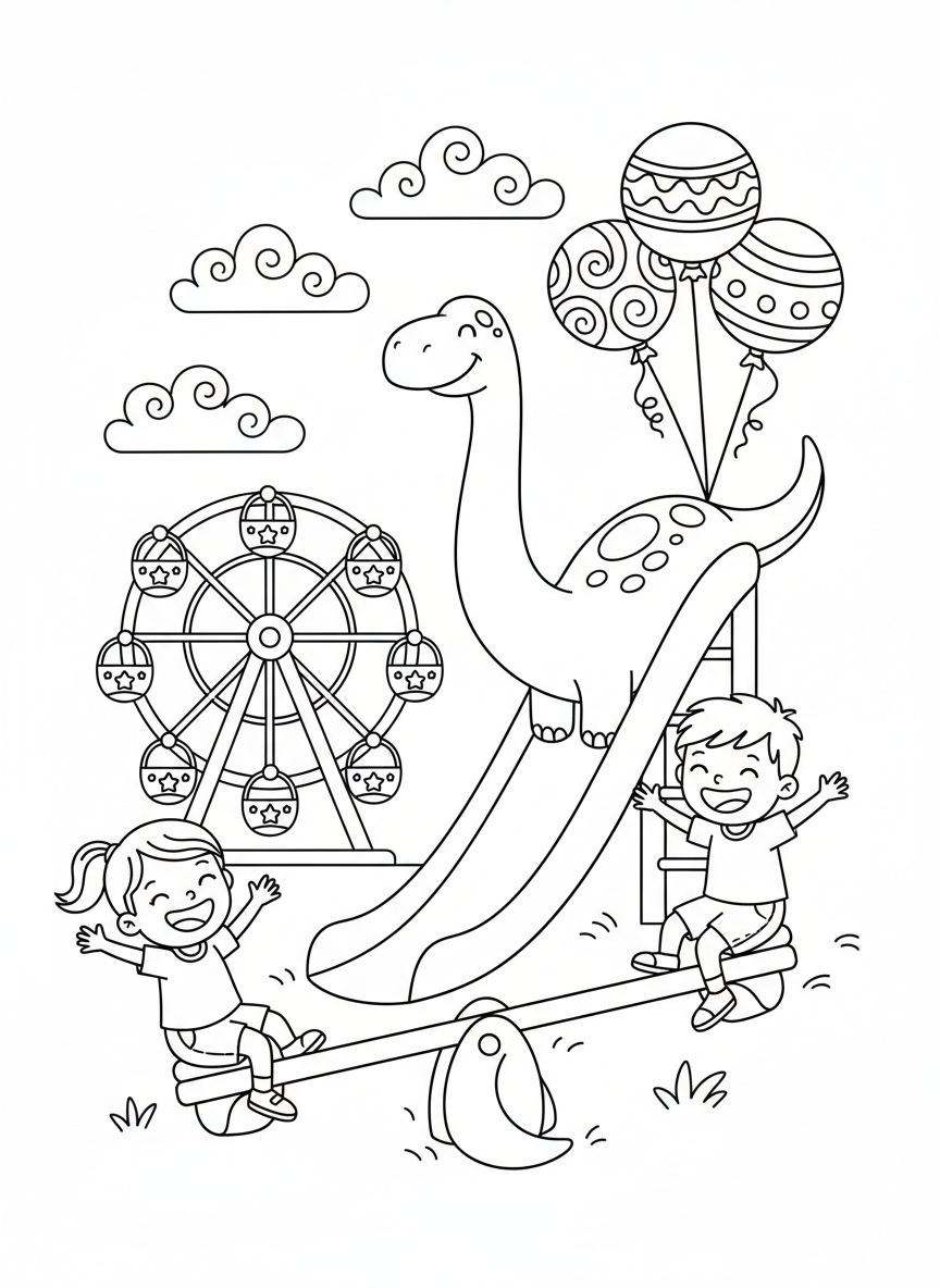 Whimsical Playground Fun: Dinosaur & Kids Coloring Page