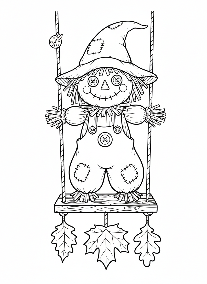 Whimsical Scarecrow on a Swing Coloring Page