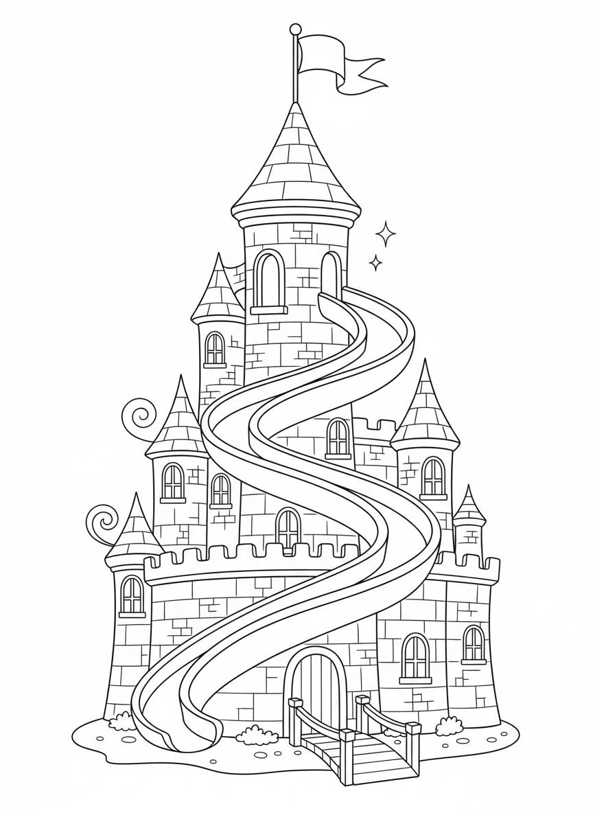 Whimsical Slide Castle Coloring Page for Kids