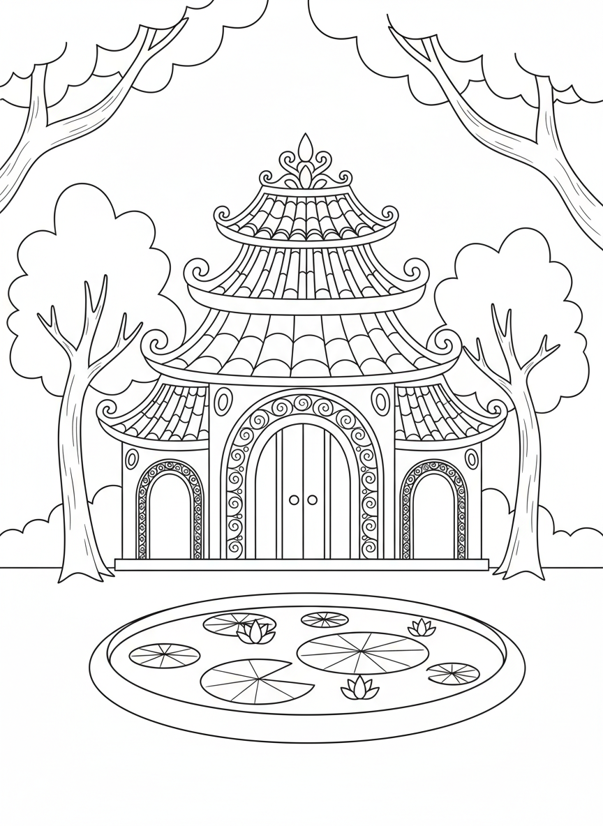 Whimsical Temple Coloring Page for Kids: Peaceful Archways & Pond