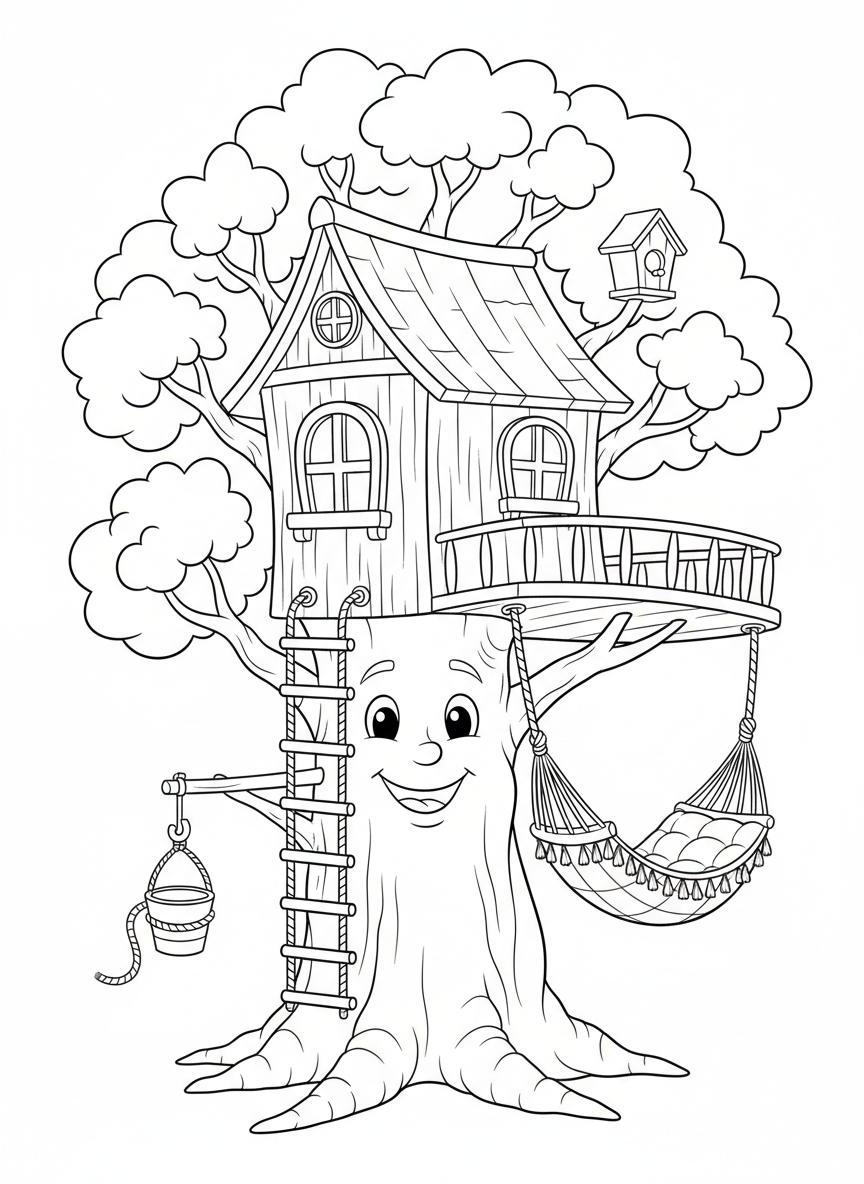 Whimsical Treehouse Coloring Page for Kids