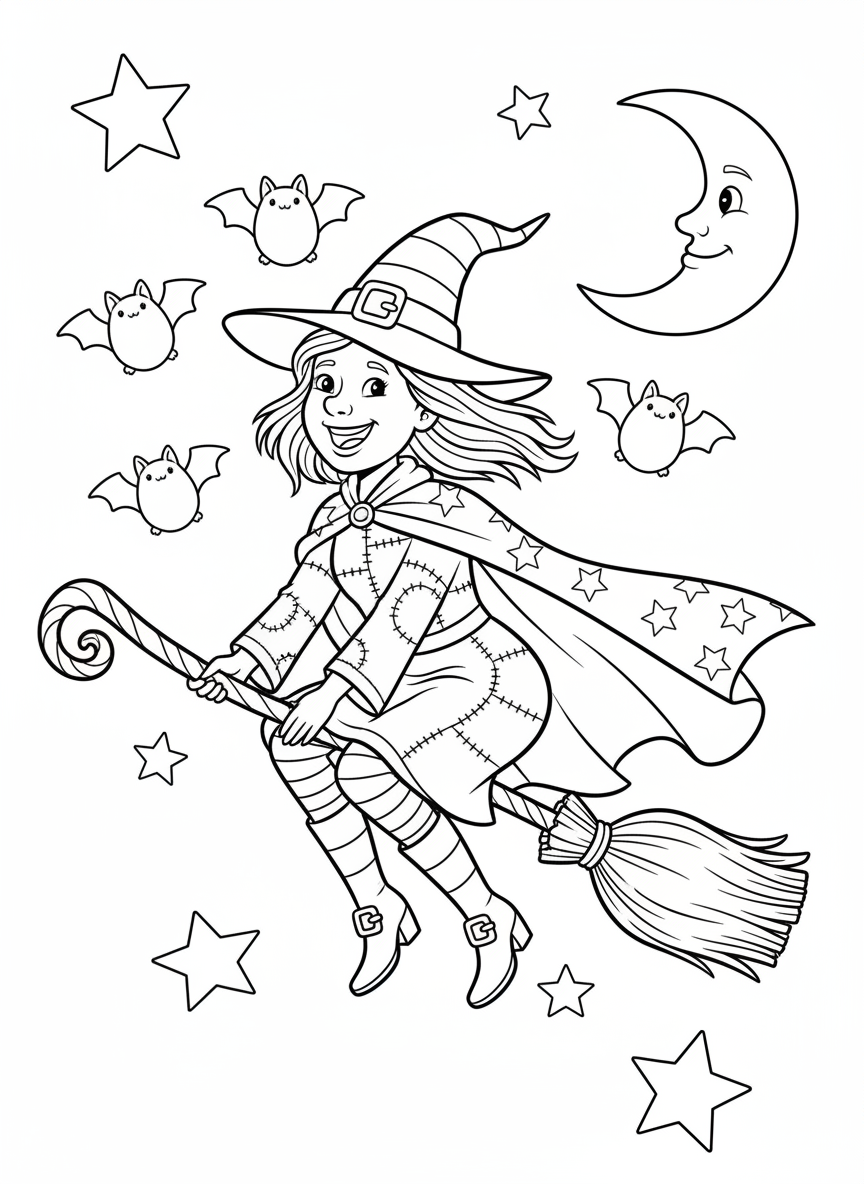 Whimsical Witch & Bats Coloring Page for Kids