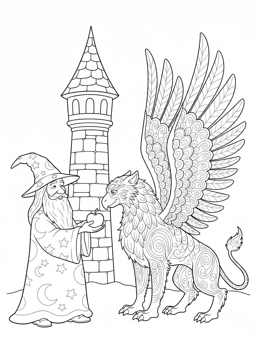 Wizard and Friendly Griffin Coloring Page