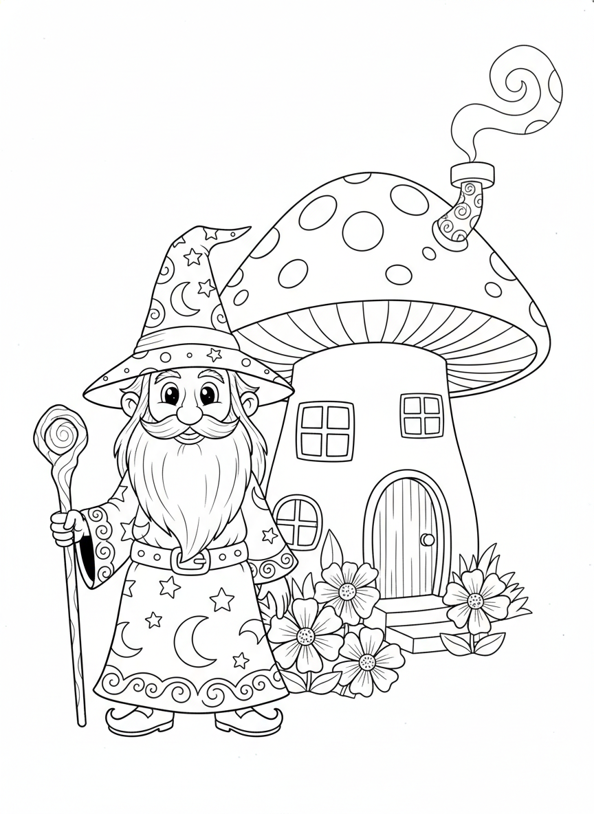 Wizard and Mushroom House Coloring Page