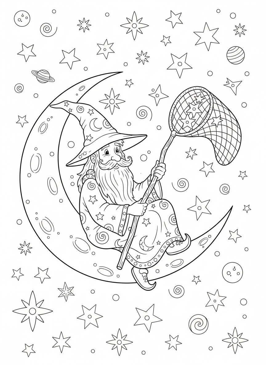 Wizard Fishing for Stars Coloring Page
