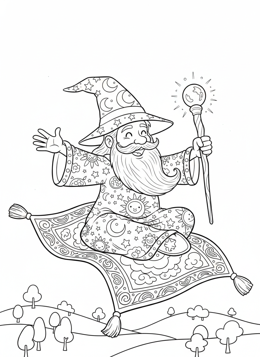 Wizard on Magic Carpet Coloring Page