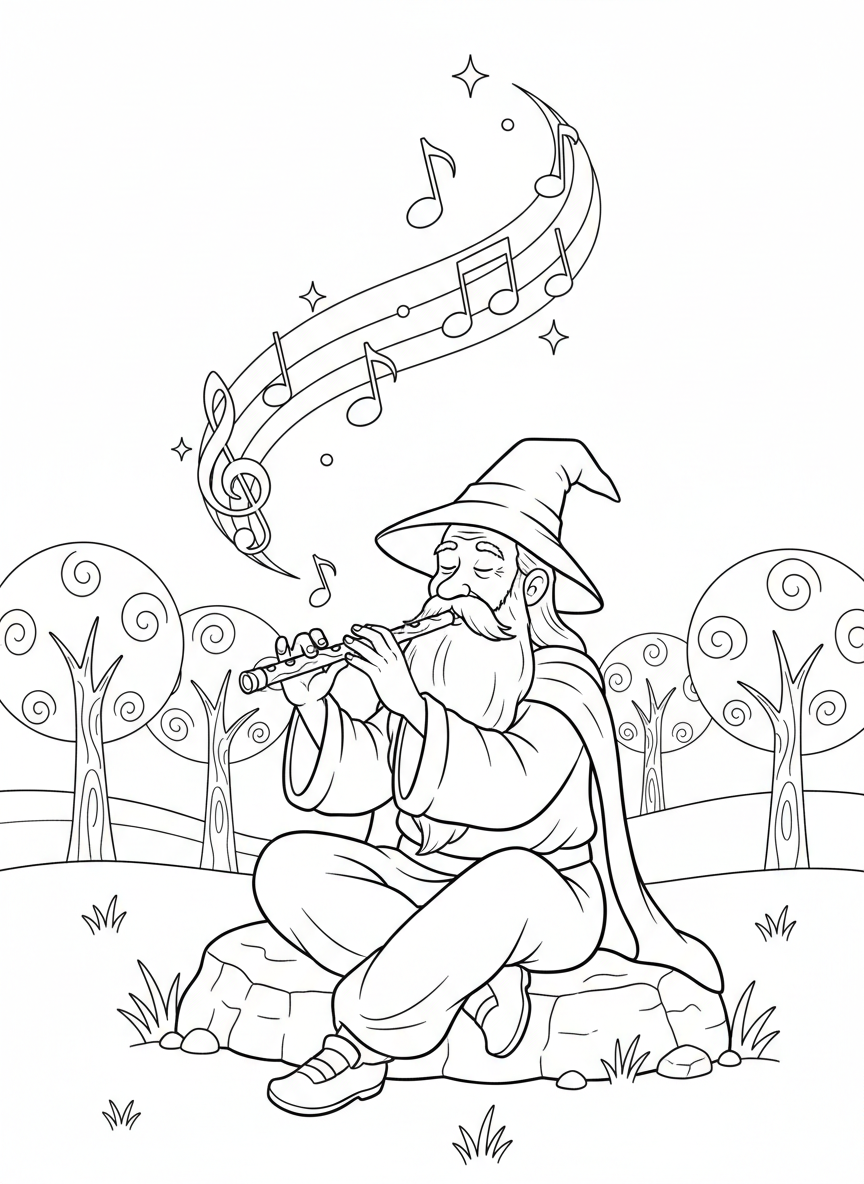 Wizard Playing Flute Coloring Page