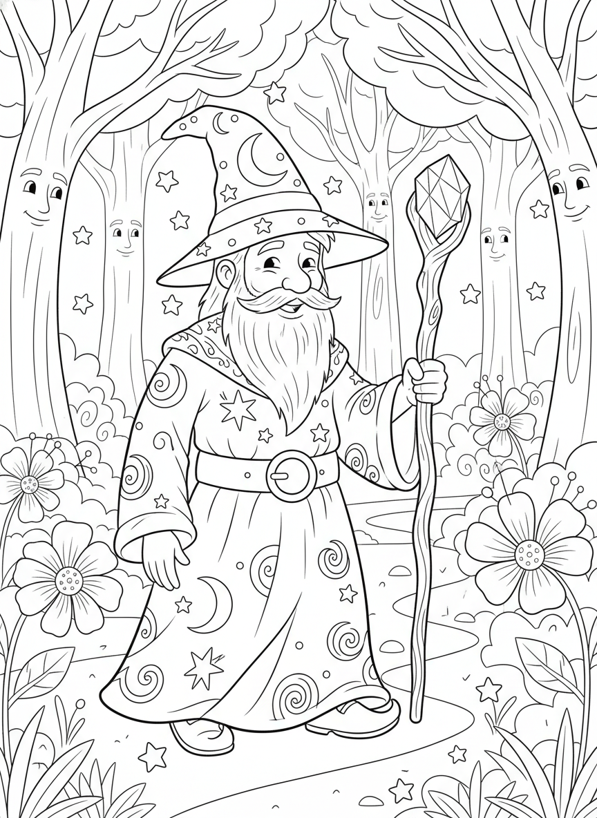 Wizard's Enchanted Forest Coloring Page