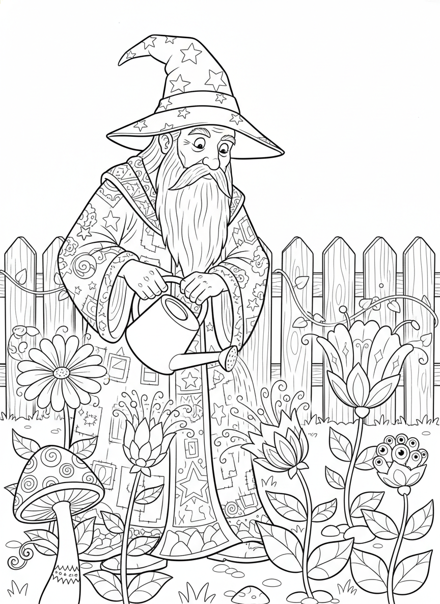 Wizard's Magic Garden Coloring Page