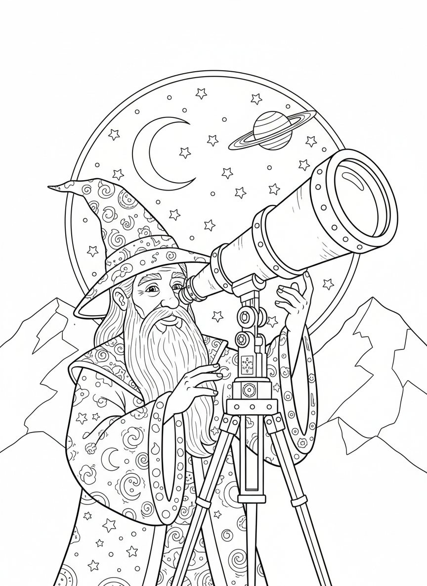 Wizard's Starry Telescope Coloring Page