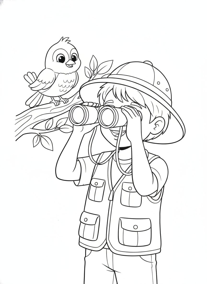Young Explorer Kid Coloring Page: Adventure with Binoculars & Bird