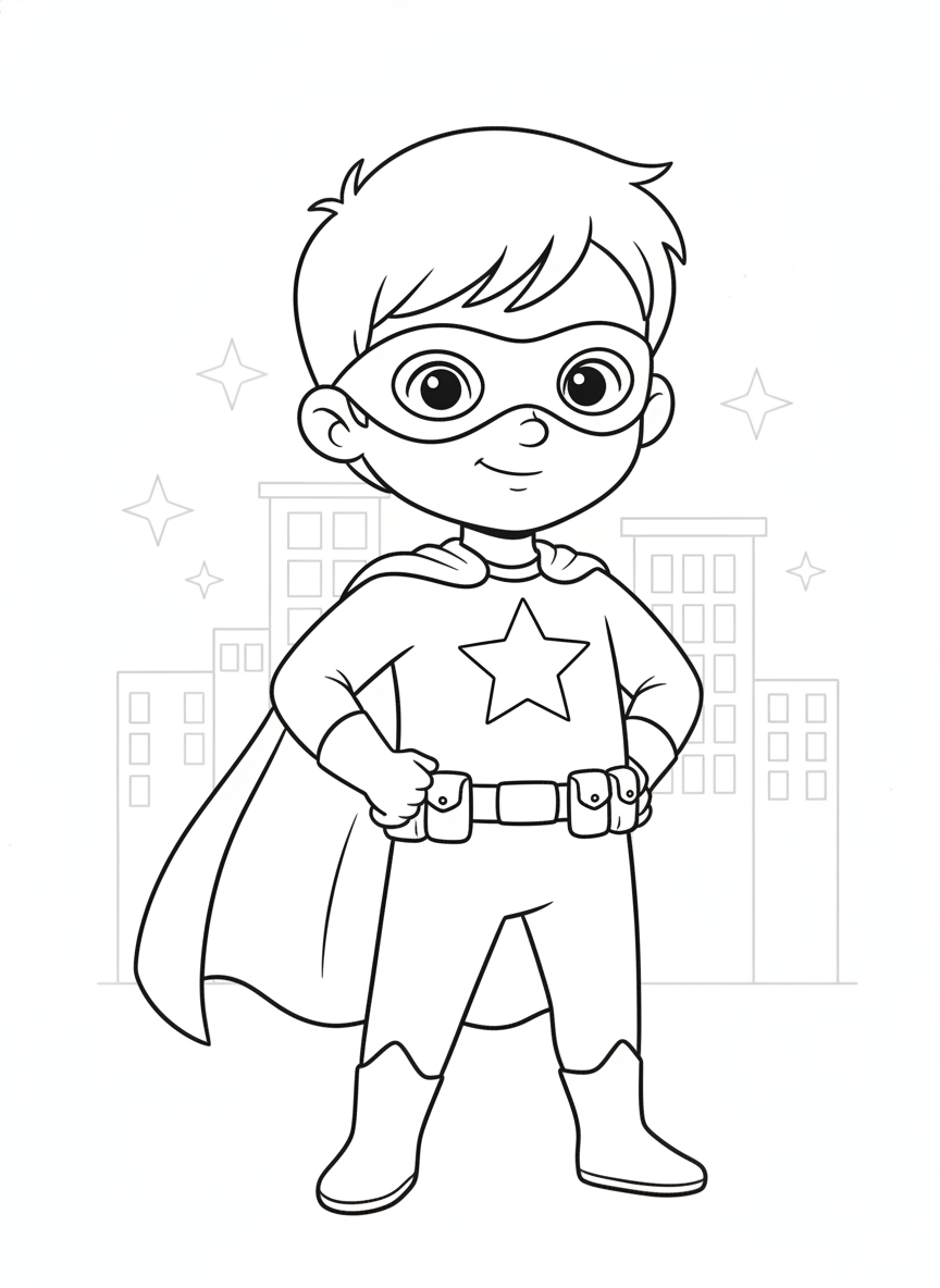 Young Superhero Kid Coloring Page: Homemade Costume Adventure