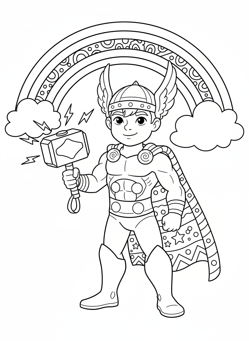 Young Thor with Mjolnir Coloring Page