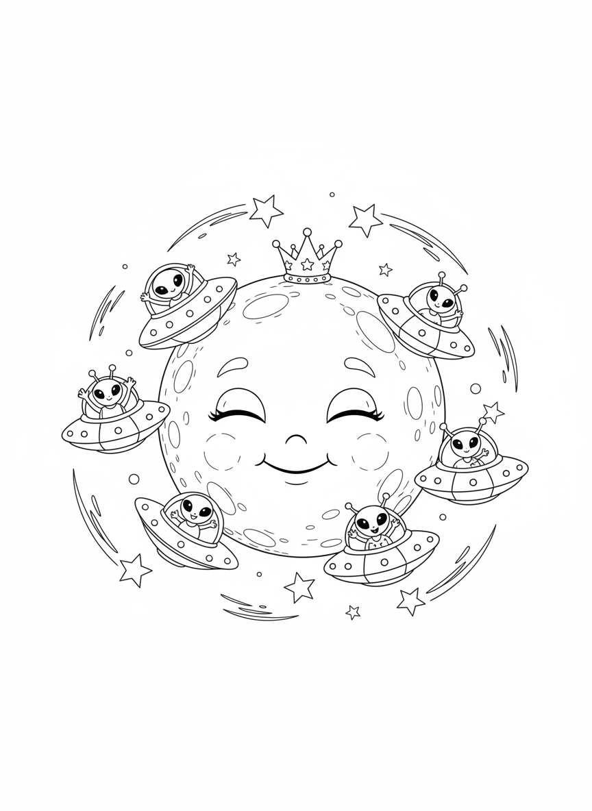 Smiling Moon & Aliens Coloring Page