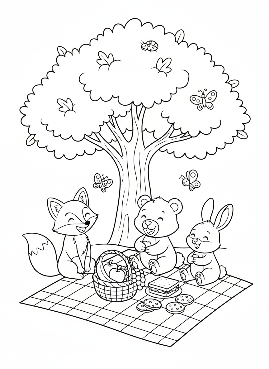 Animal Friends Picnic Coloring Page