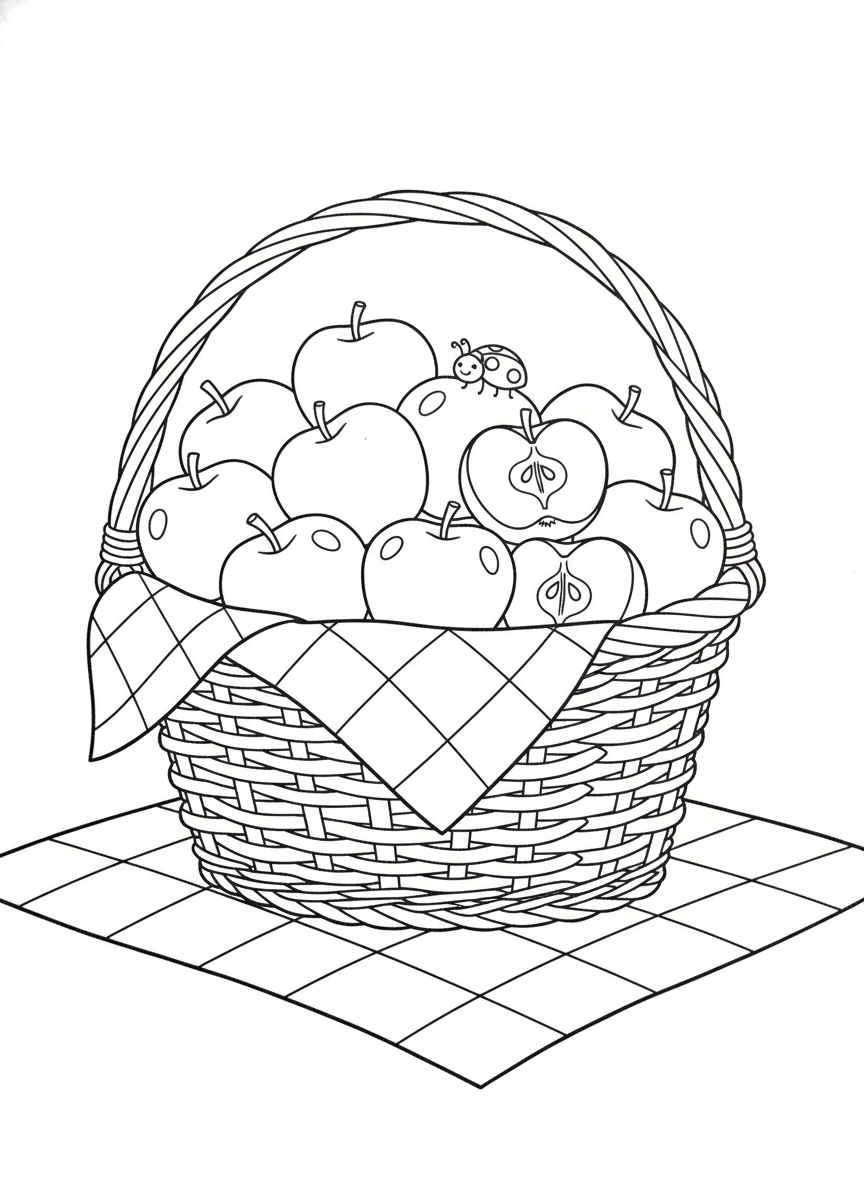 Apple Basket Picnic: Kids Coloring Page with Ladybug