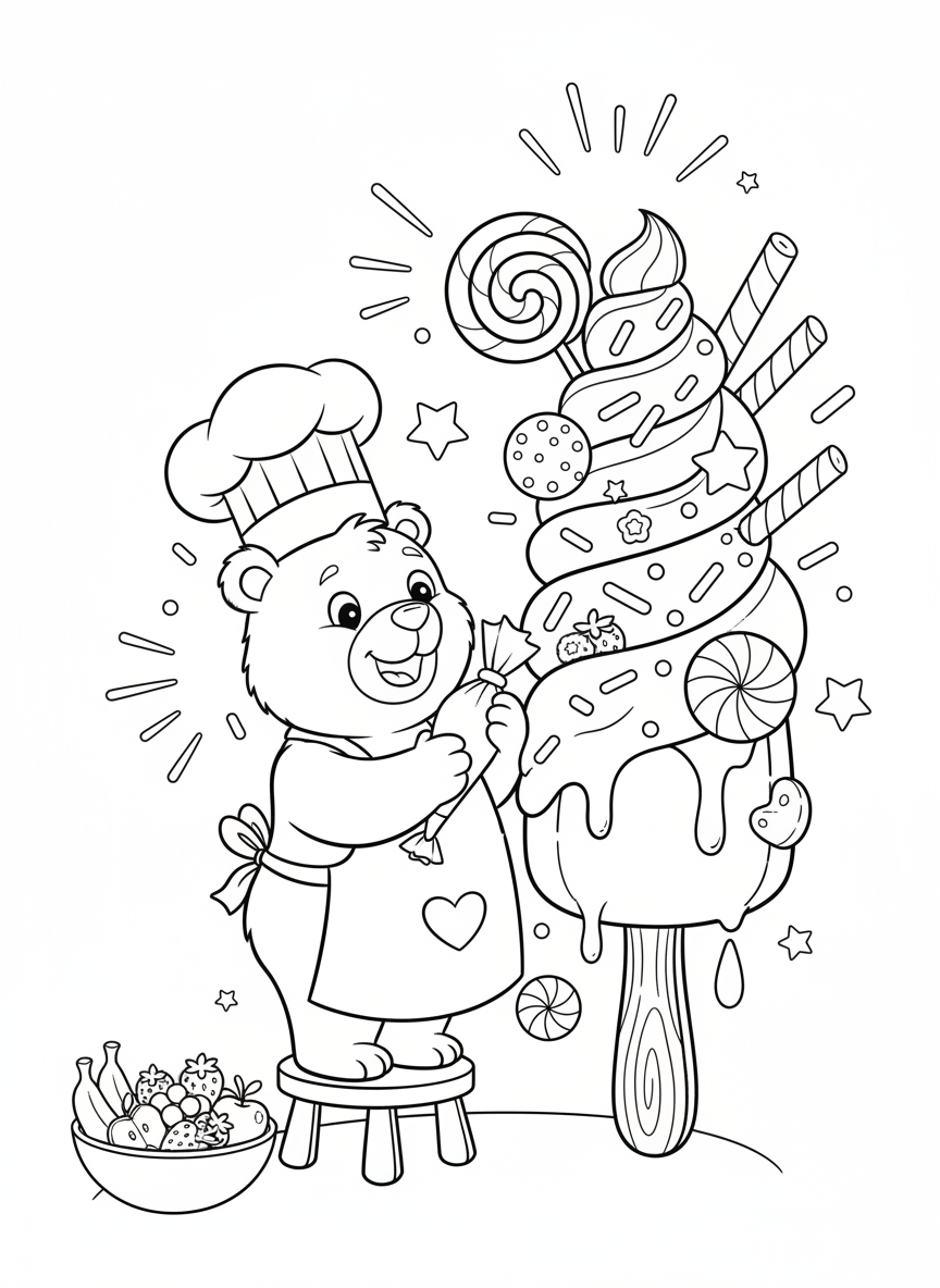 Bear Chef Decorating Giant Popsicle Coloring Page