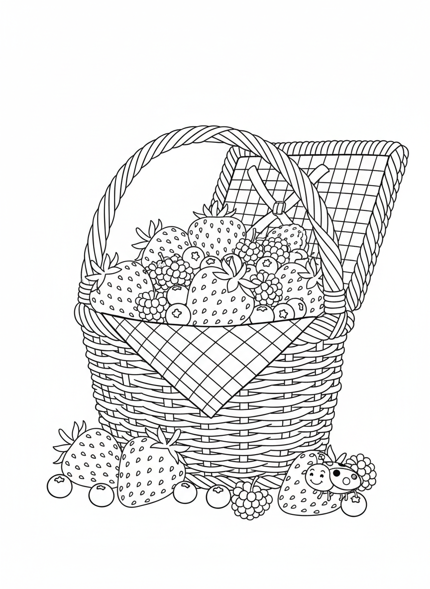 Berry Picnic Basket with Ladybug Coloring Page