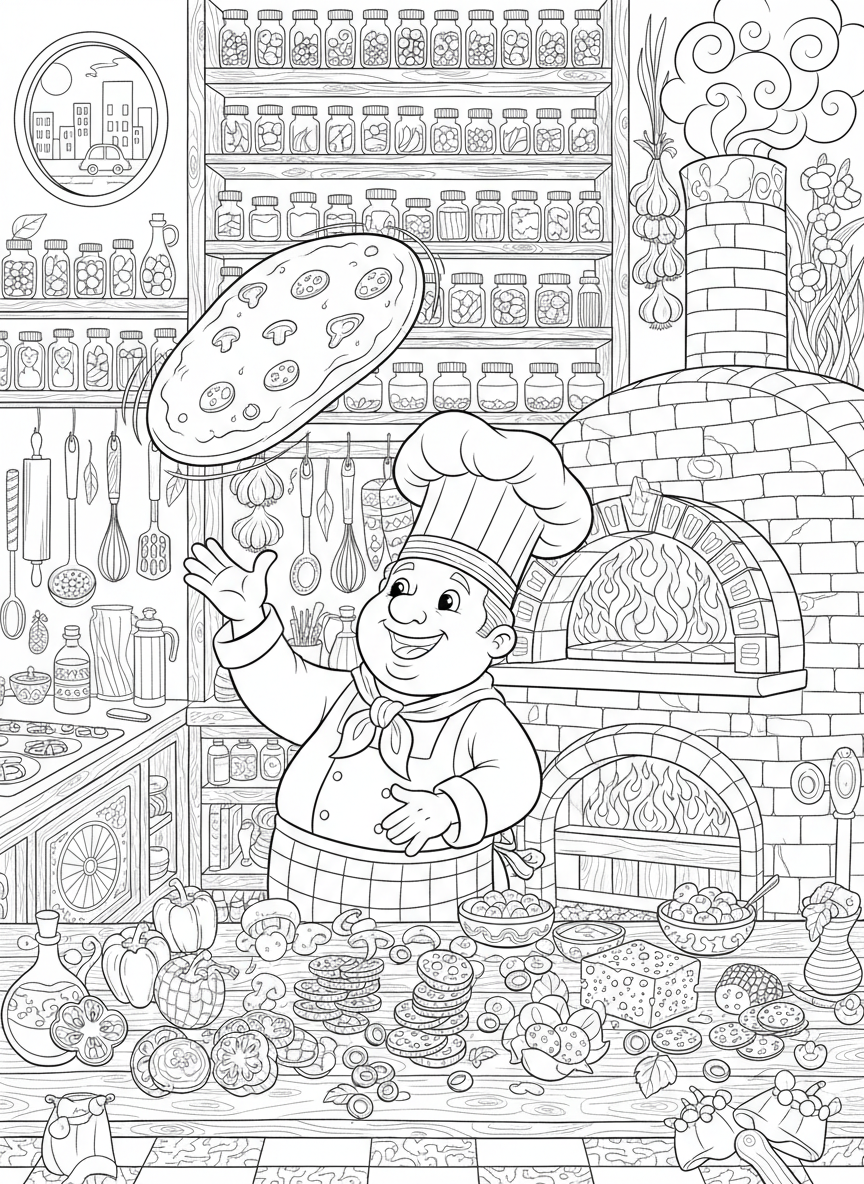 Bustling Pizza Kitchen Coloring Page for Kids