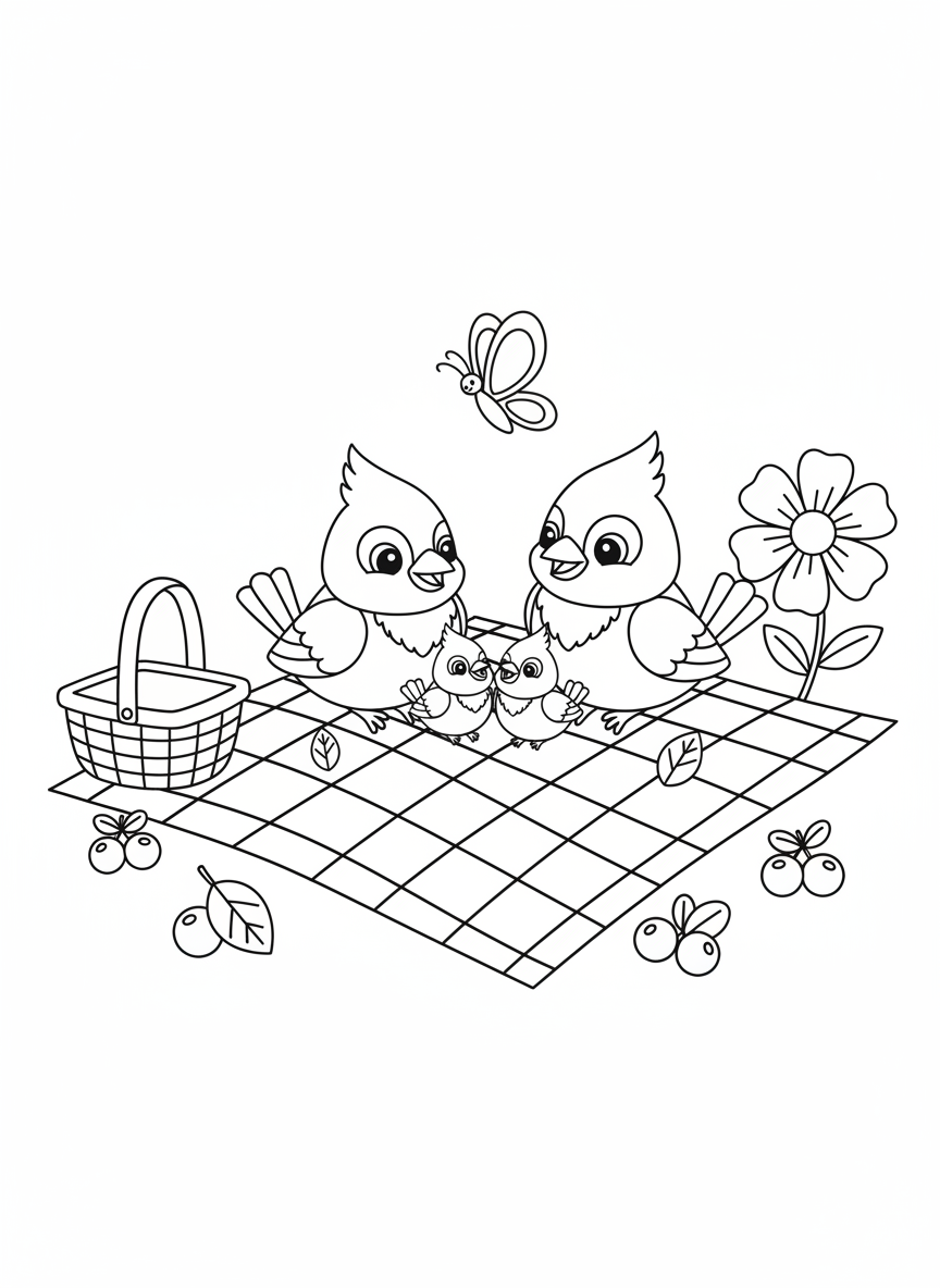 Cardinal Family Picnic Coloring Page for Kids