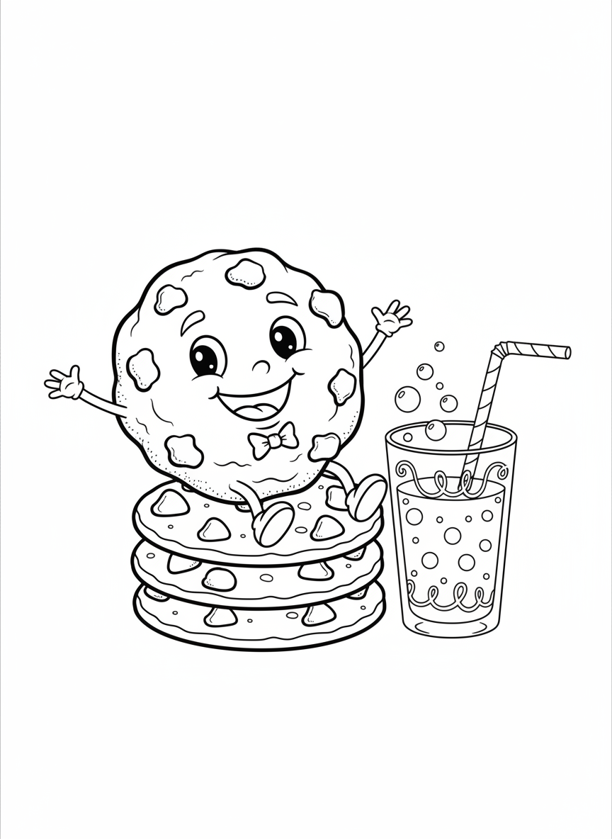 Cheerful Chocolate Chip Cookie & Milk Coloring Page for Kids