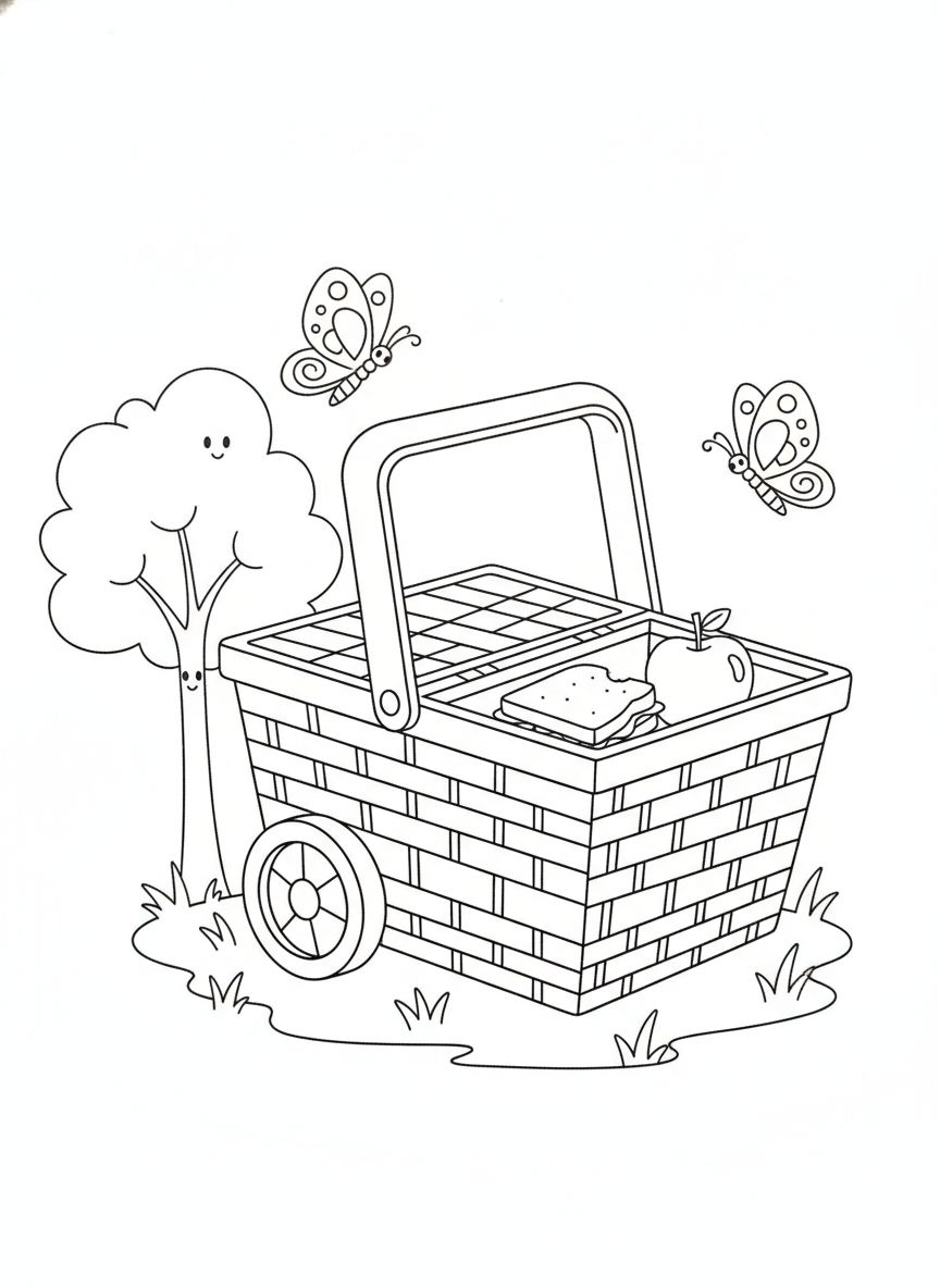 Cheerful Picnic Basket Adventure Coloring Page for Kids