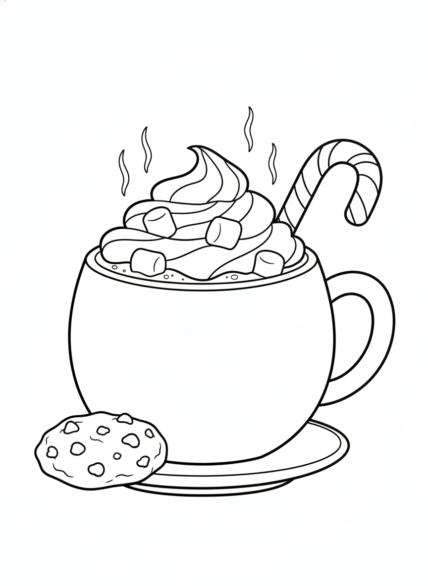 Cozy Hot Chocolate Mug Coloring Page with Whipped Cream & Marshmallows