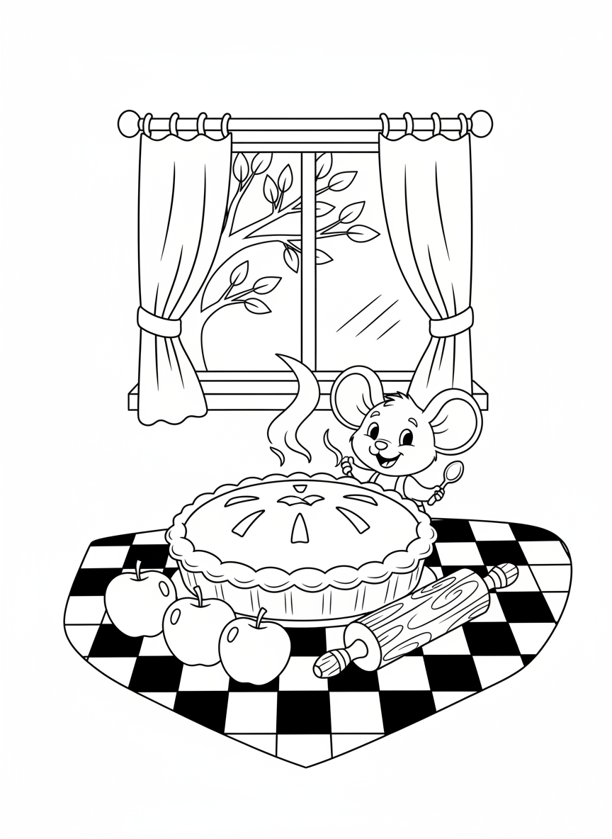 Cozy Kitchen Apple Pie & Mouse Coloring Page