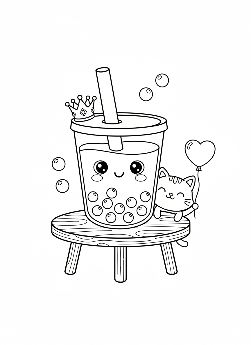 Cute Bubble Tea & Cat Coloring Page for Kids
