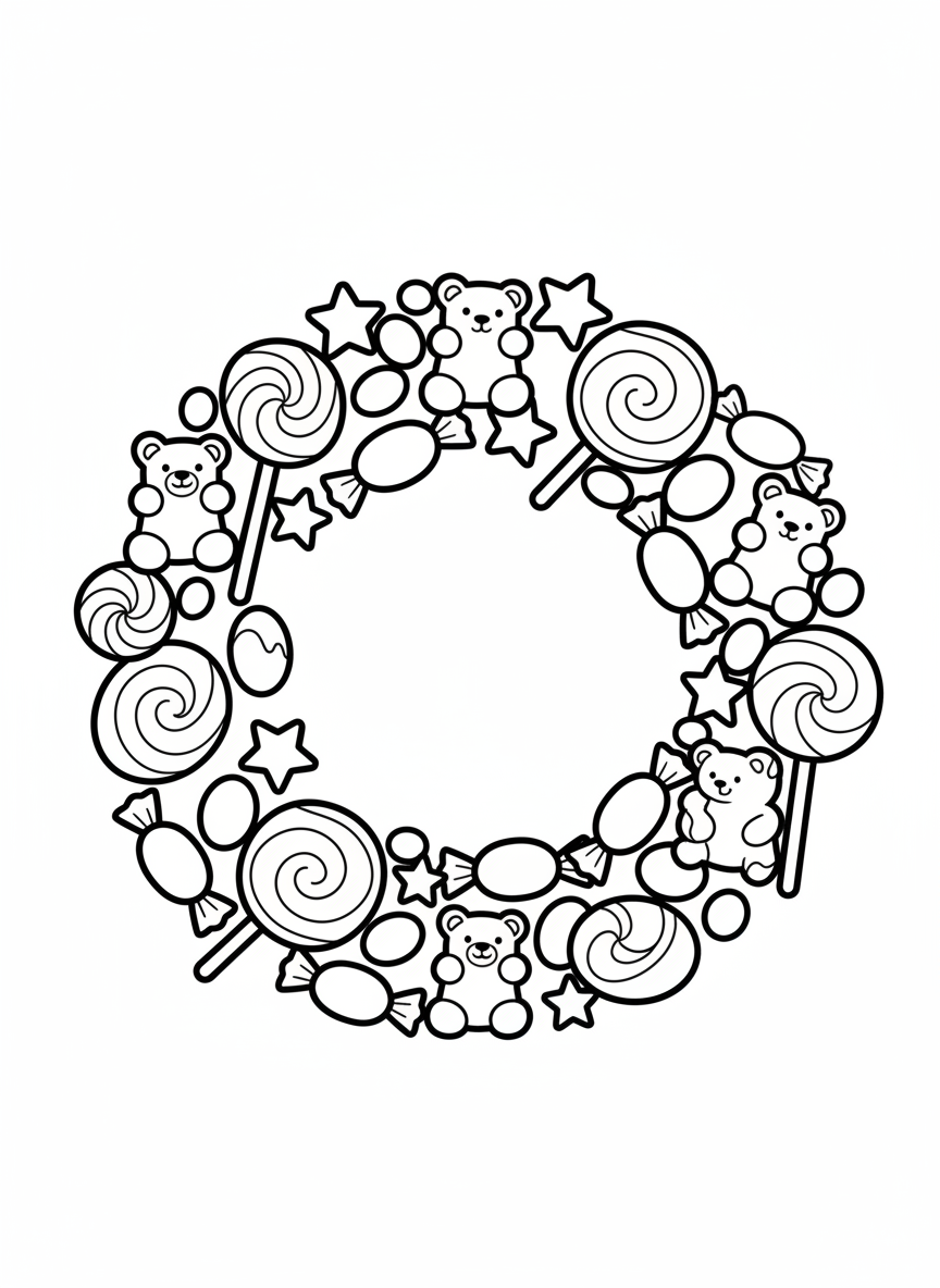 Cute Candy Wreath Coloring Page for Kids