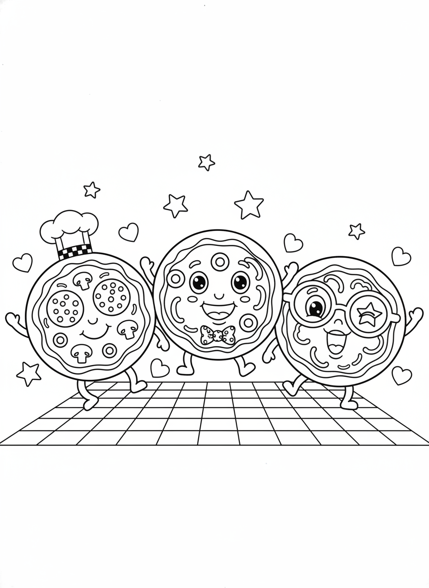 Dancing Mini Pizzas Coloring Page for Kids