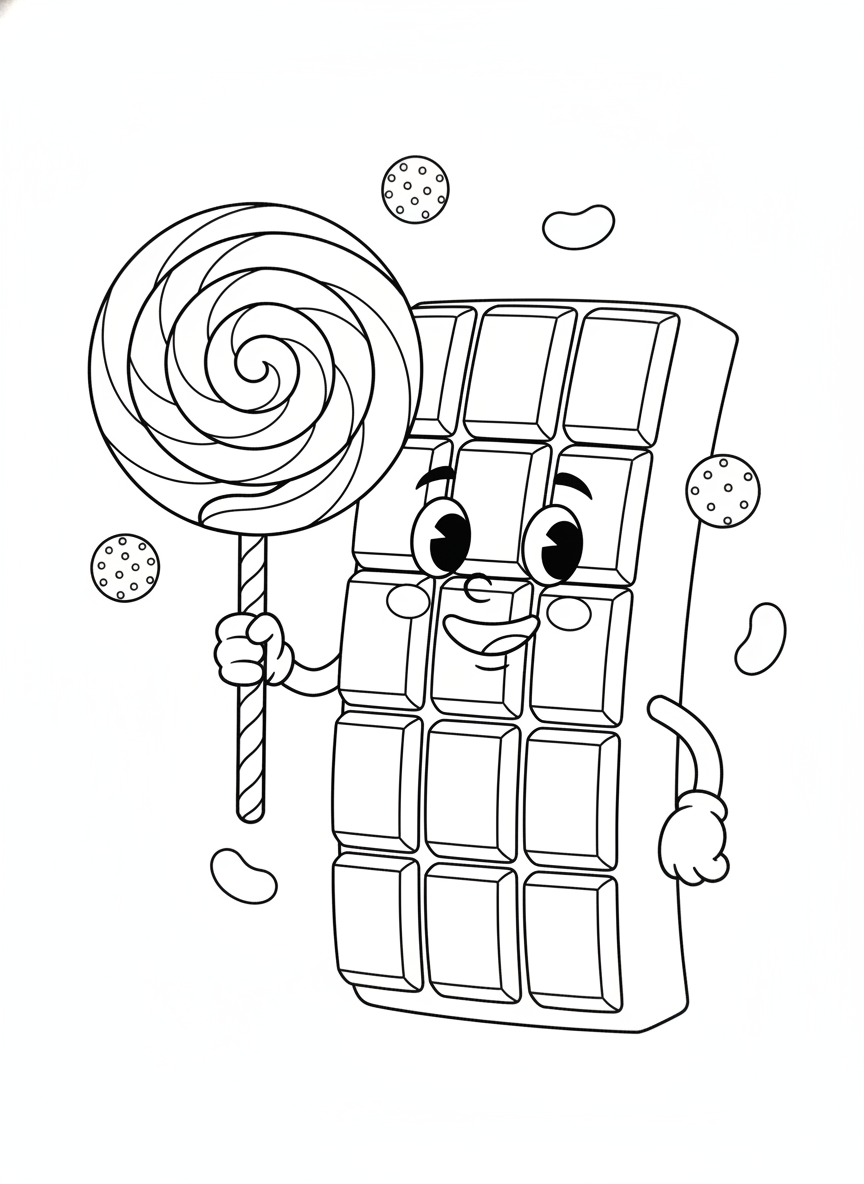 Friendly Chocolate Bar with Giant Lollipop Coloring Page