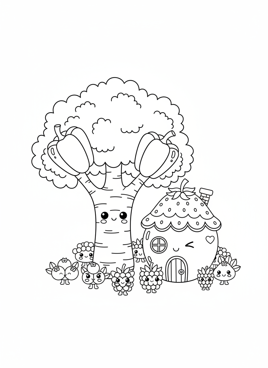 Friendly Veggie & Fruit Garden Coloring Page