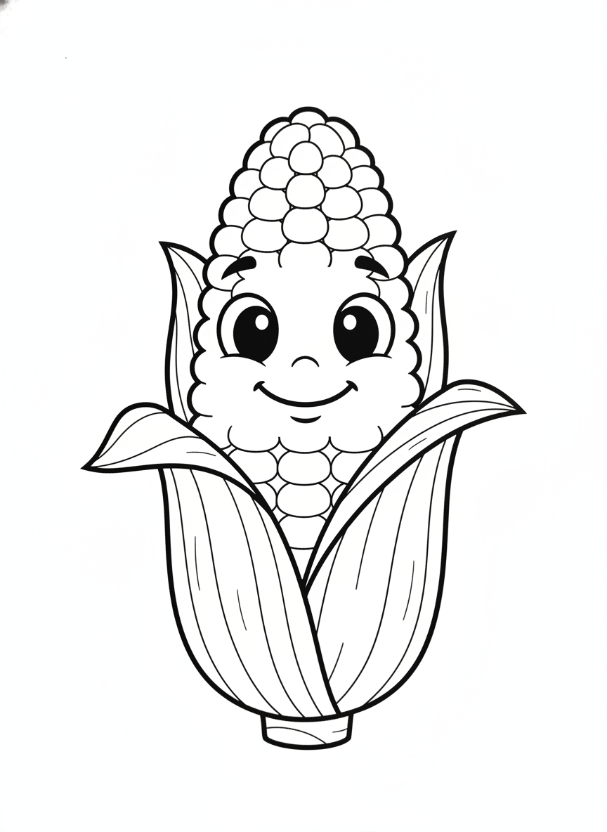 Happy Cartoon Corn Cob Coloring Page for Toddlers & Preschoolers