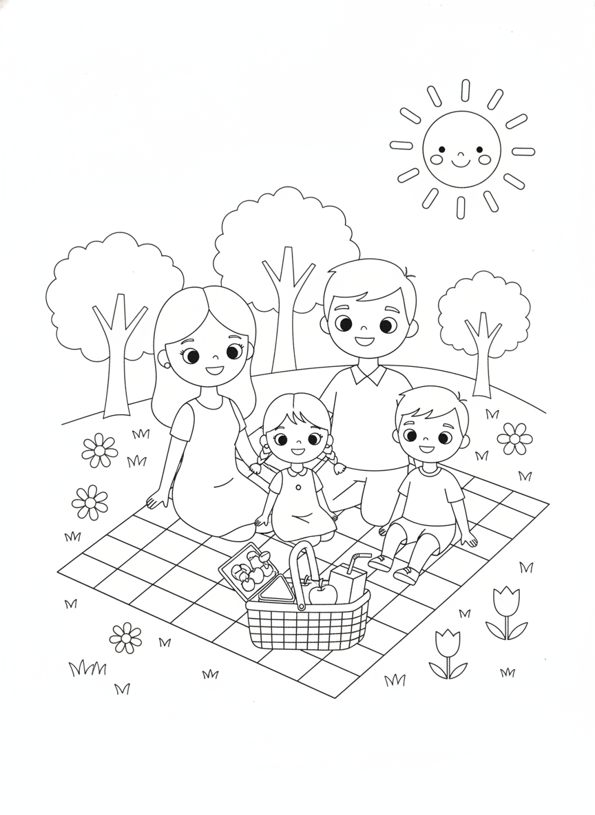 Happy Family Picnic in the Park Coloring Page