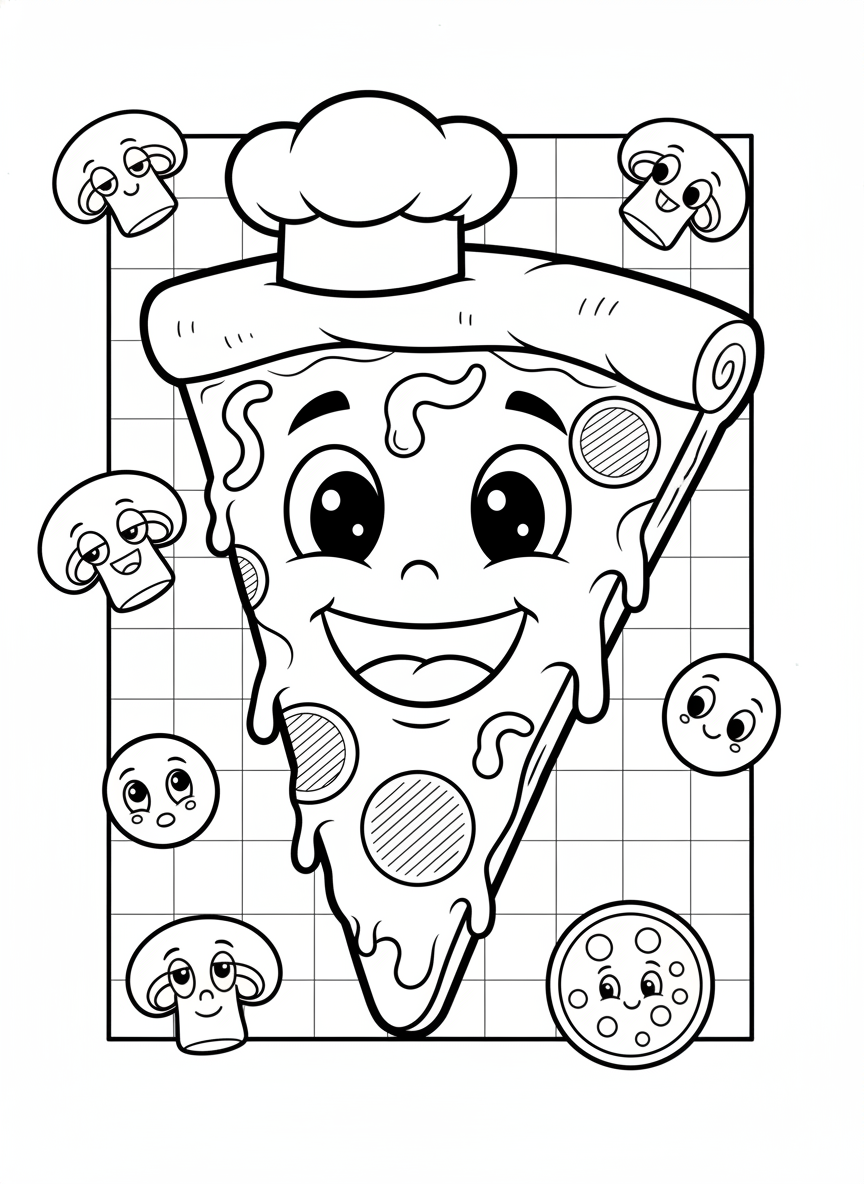 Happy Pizza Slice with Chef Hat & Playful Toppings Coloring Page