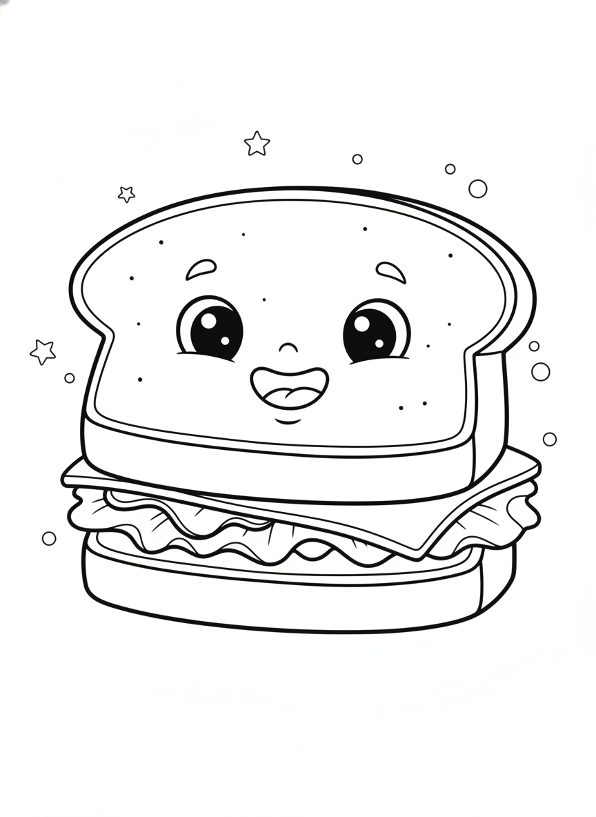 Happy Sandwich Picnic Fun Coloring Page for Kids