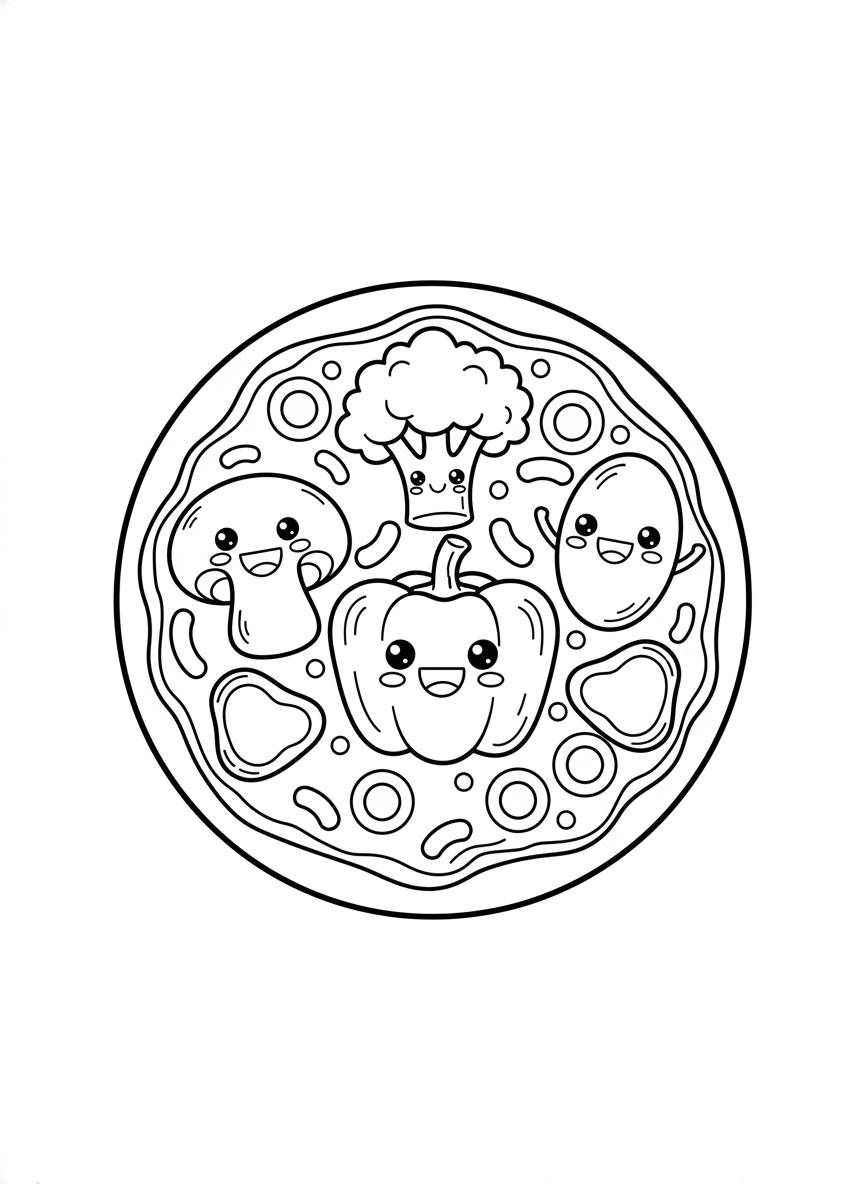 Happy Veggie Pizza Coloring Page for Kids
