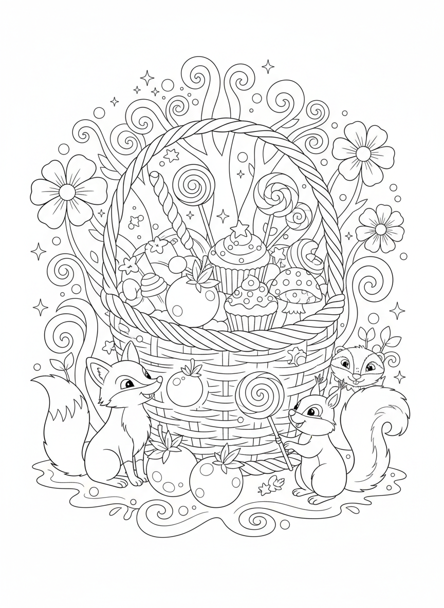 Magical Picnic in a Whimsical Forest Coloring Page