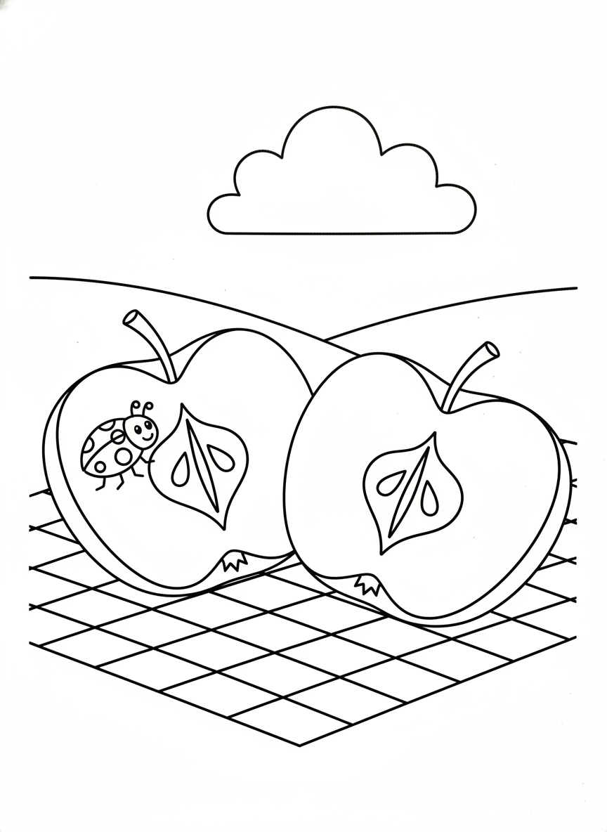 Picnic Apple & Ladybug Coloring Page